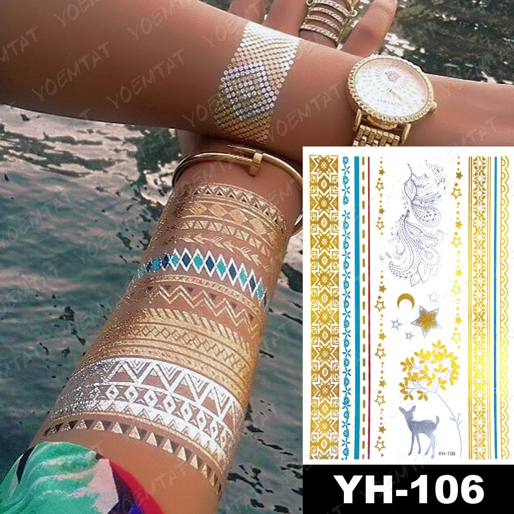 Waterproof Temporary Tattoo Sticker Gold Silver Henna Indian Hand Painted Glitter Tattoos Women Mandala Flower Feather Body Art