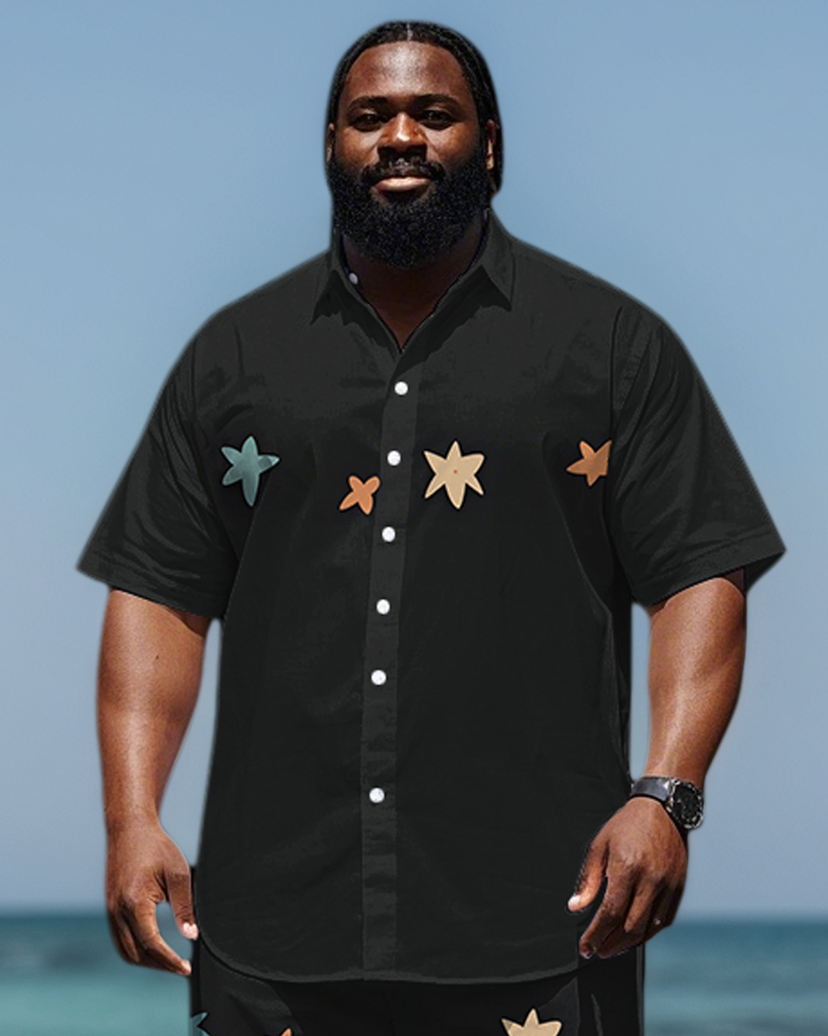 Big Men's Street Fashion Splicing Color Block Starts Printed Short Sleeve Shirt Shorts Set
