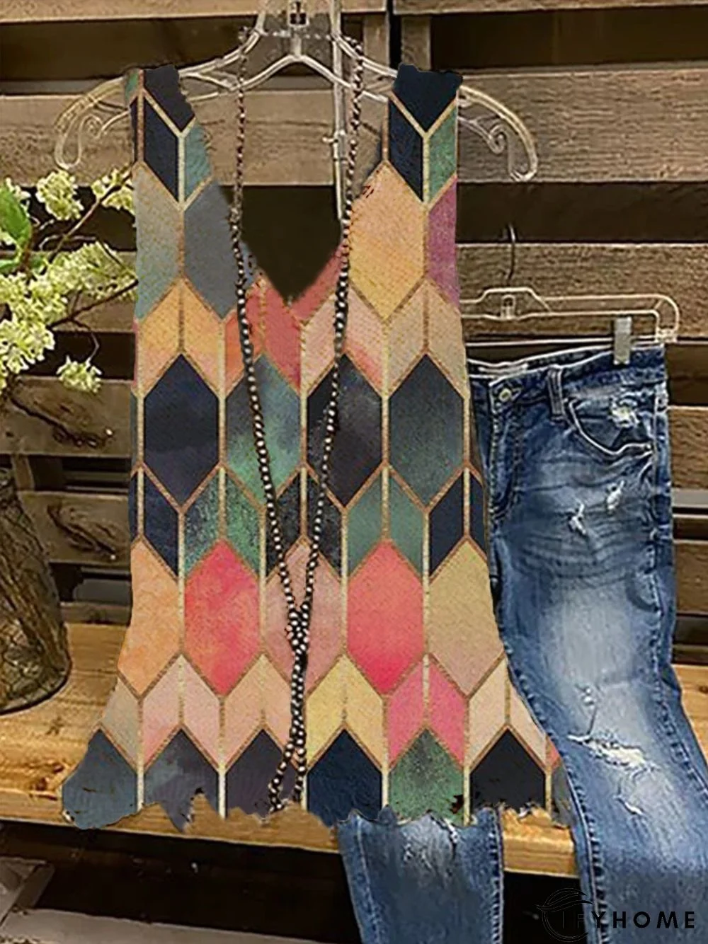Vintage V Neck Printed Sleeveless Shirt & Top | IFYHOME