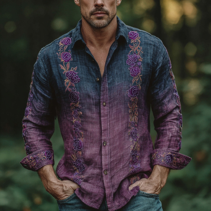 Men's Retro Flower Gradient Art Print Long Sleeve Shirt  artssus
