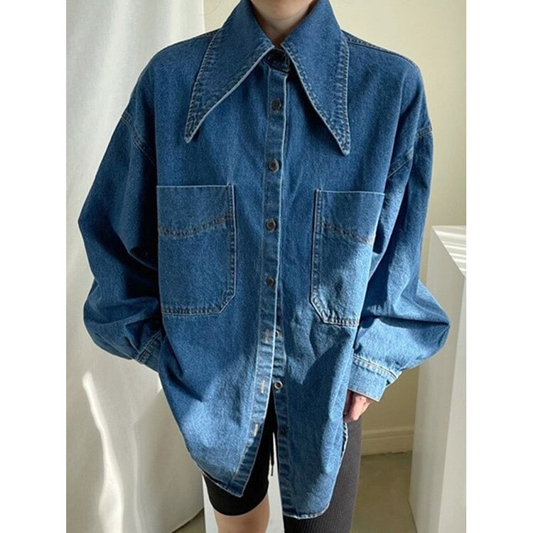 Urban Loose Peter Pan Collar Pockets Single-breasted Long Sleeve Denim Shirt