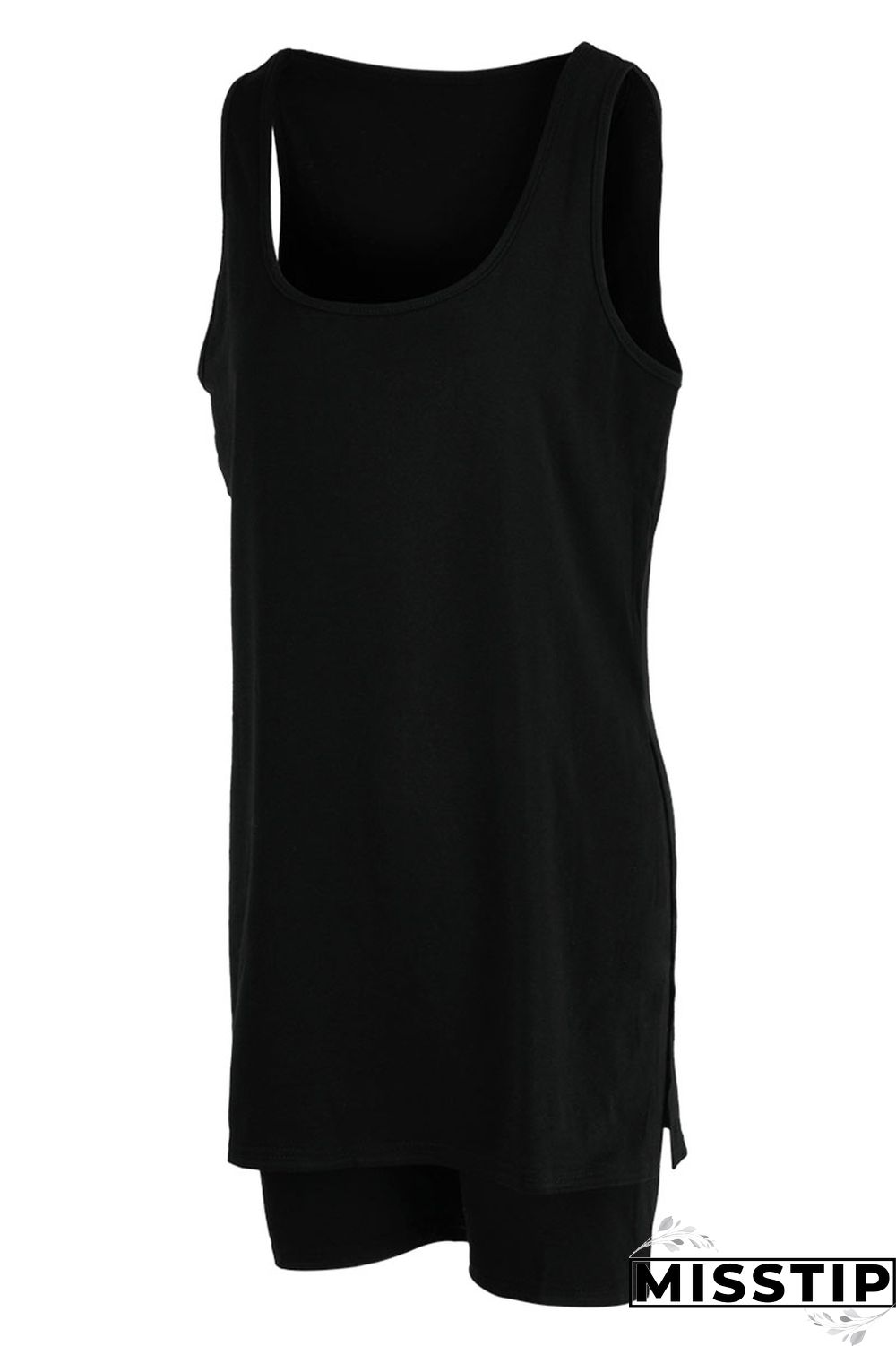 Black Fashion Casual Solid Slit U Neck Sleeveless Two Pieces