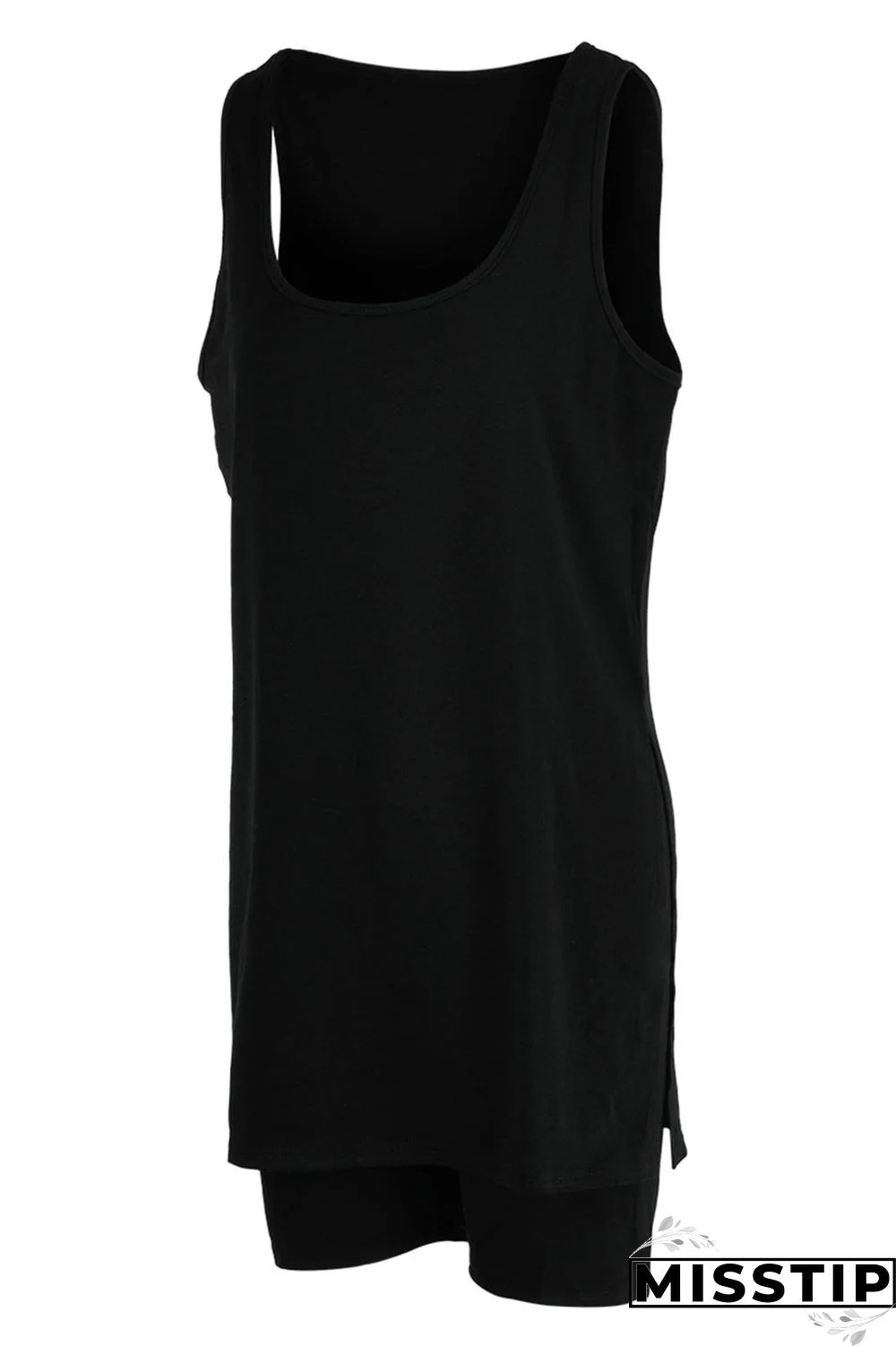 Black Fashion Casual Solid Slit U Neck Sleeveless Two Pieces