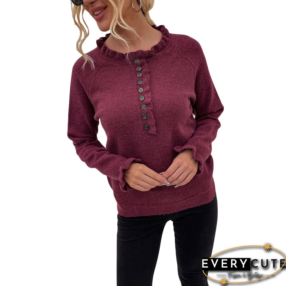 Wine Red Ruffle Detail Crew Neck Long Sleeve Knitted Sweater