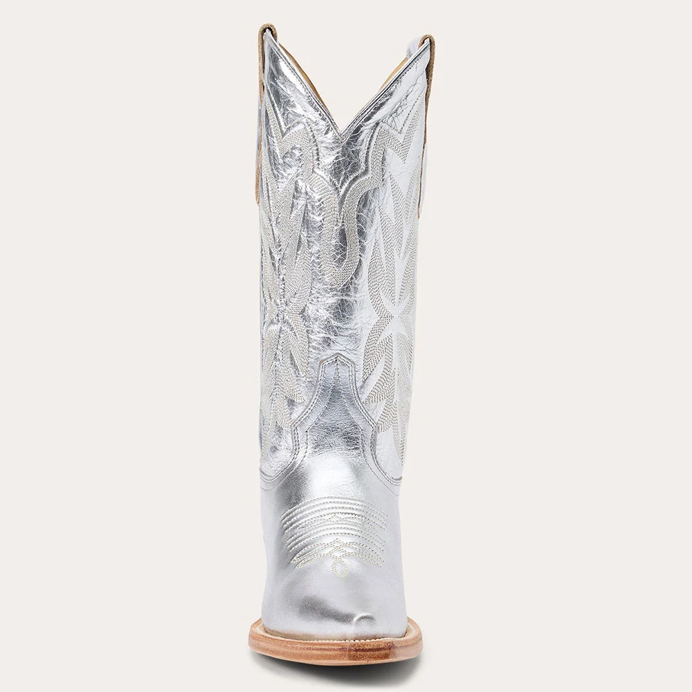 Silver Embroidered Snip Toe Stacked Heel Cowboy Boots for Women