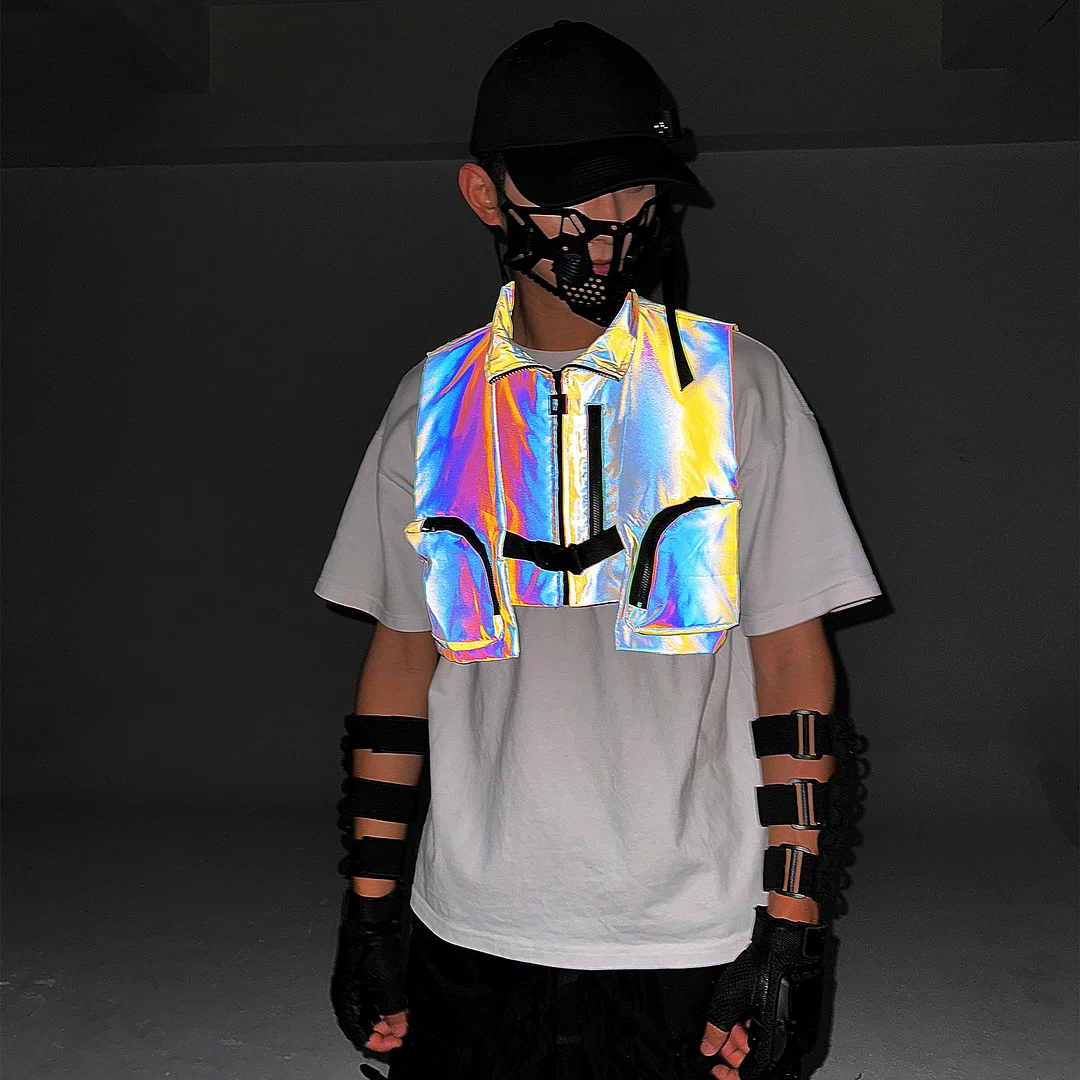 Toloer Autumn And Winter Function Dazzle Color Reflective Overalls Vest Vest Stereo Pocket Versatile Short Coat Men's Clothing-Outfit Ideas