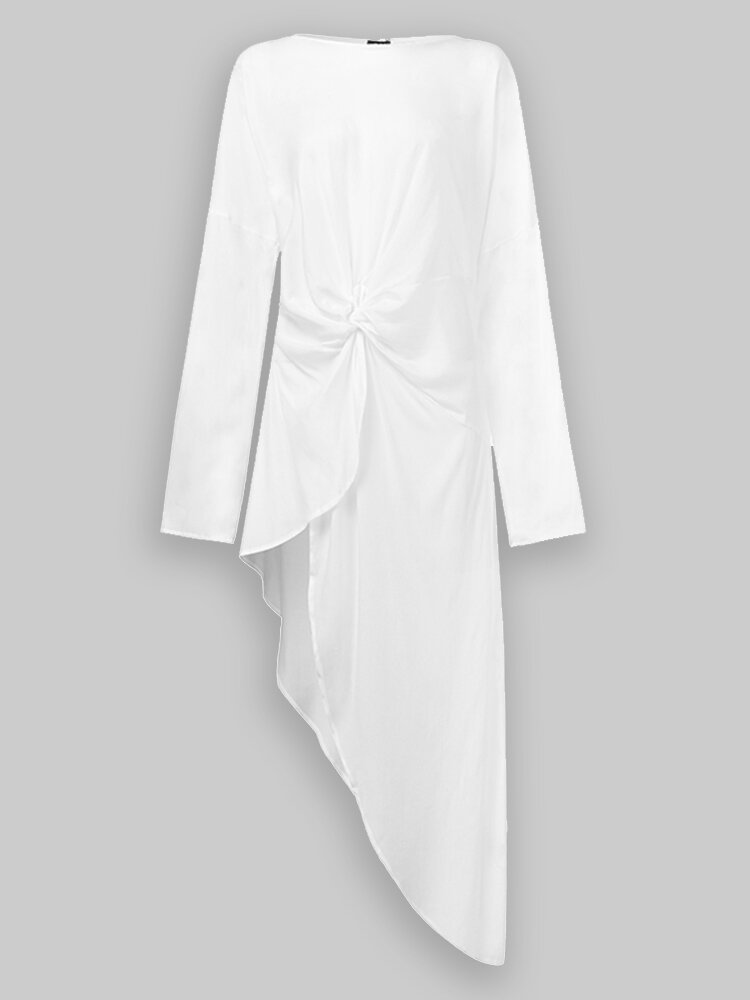 Casual Split Hem Maxi O Neck Long Sleeve Asymmetrical Shirt P1634625