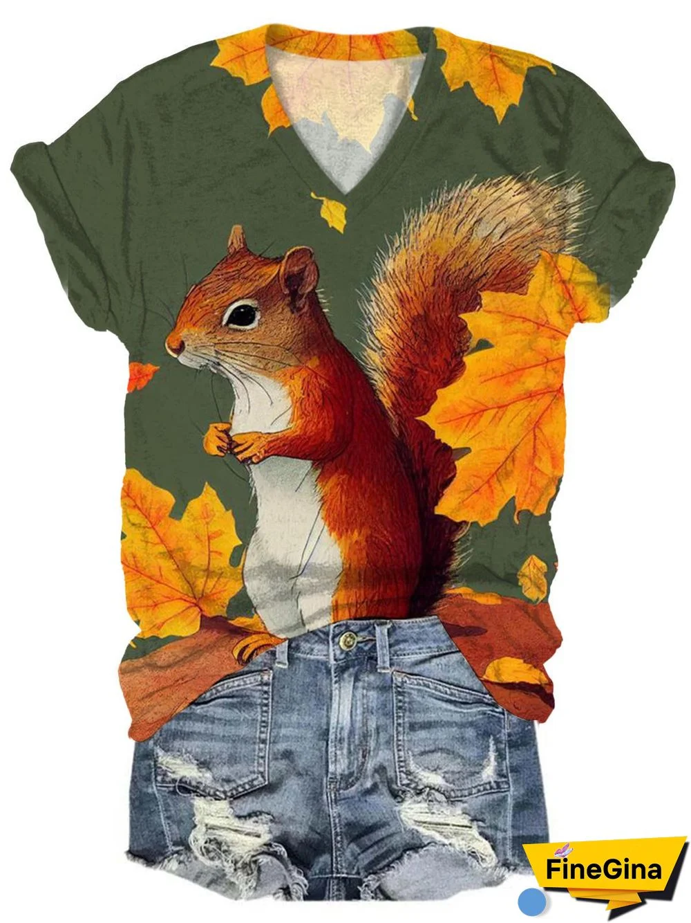 Fall Squirrel Print Casual Tops