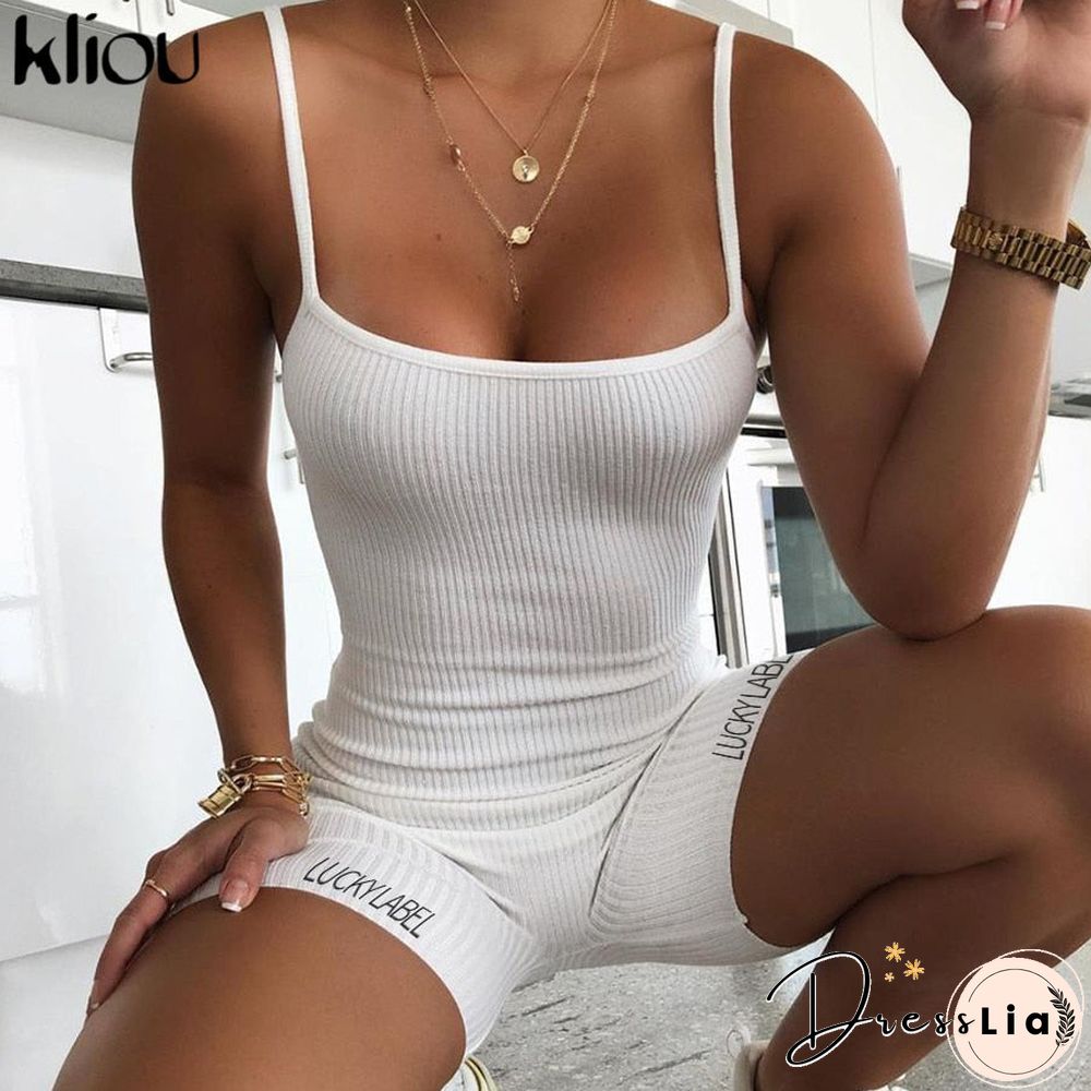 Kliou suspenders rompers women summer playsuit slash neck Letters Embroidery elastic streetwear ribbed sleeveless slim
