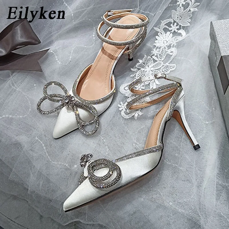 Eilyken Style Glitter Rhinestones Silk Women Pumps Crystal bowknot Satin Spring Autumn Lady Shoes High heels Party Prom Shoes