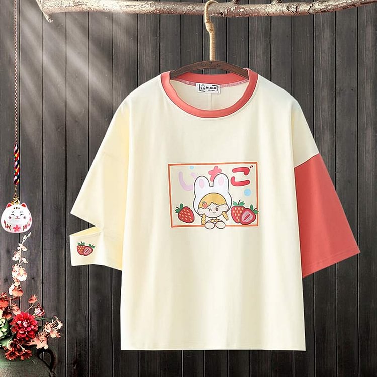 Cartoon Bunny Print Casual T-Shirt Denim Shorts Set - Modakawa Modakawa