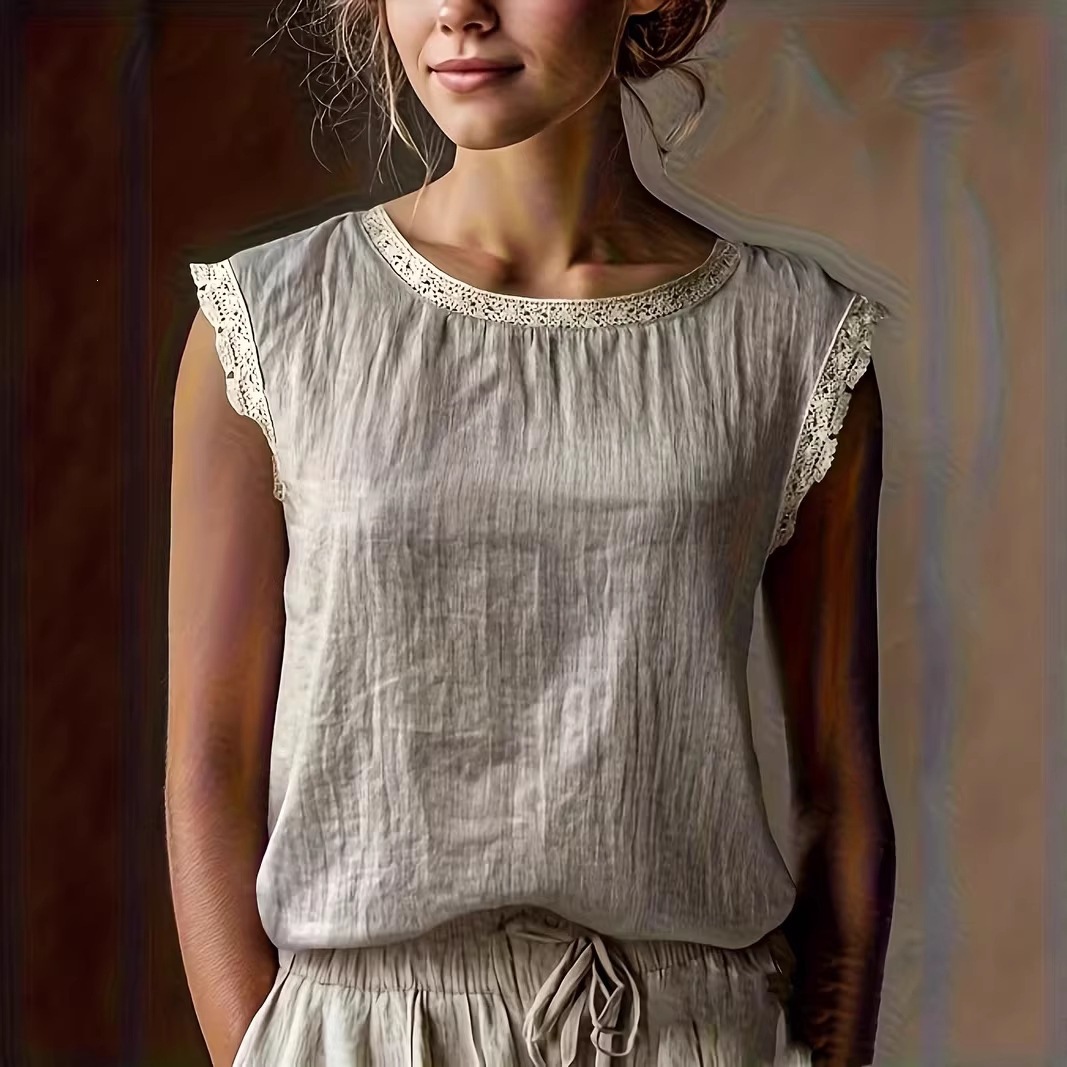 Solid Lace Trim Sleeveless Blouse