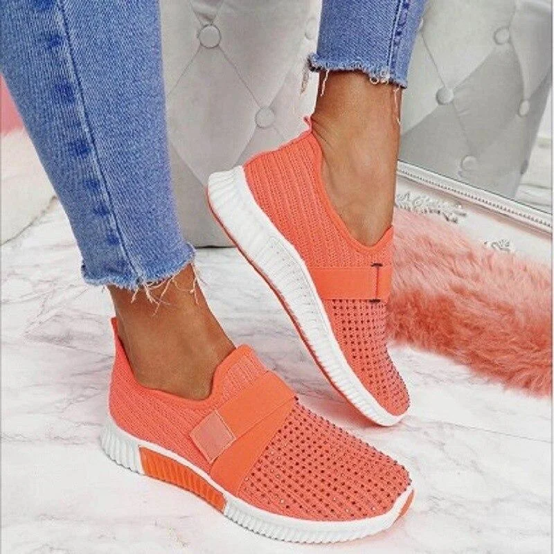 Women Casual Shoes Spring Crystal Solid Female Mesh Sneakers Casual Flat Shoes Women Flats Ladies Sport Shoes White Size 35-43 1113