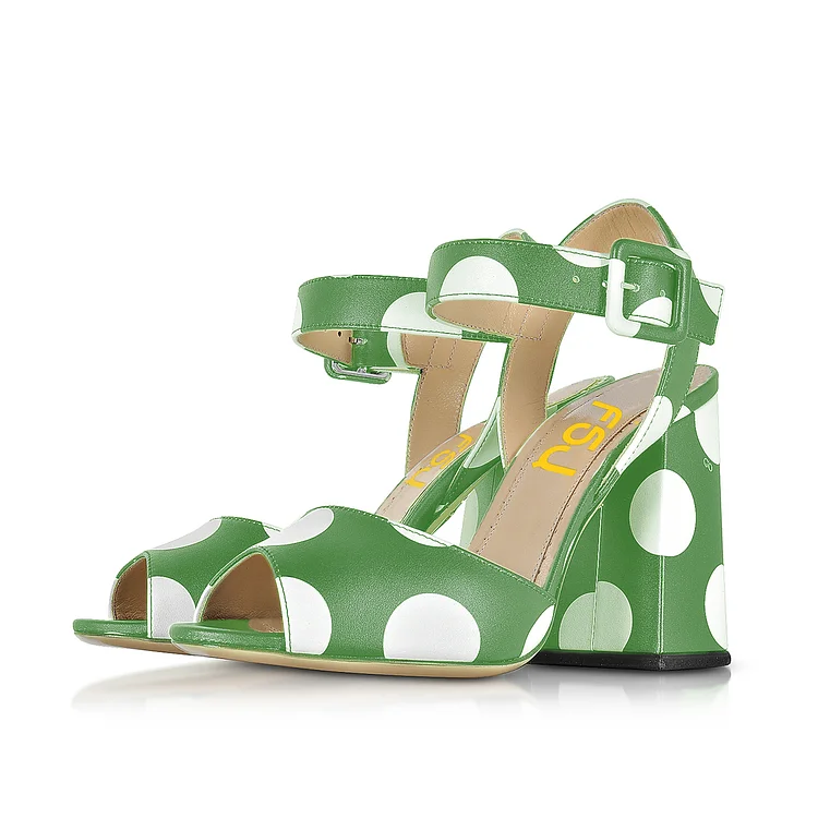 Green and White Block Heel Sandals Polka Dots Slingback Sandals |FSJ Shoes
