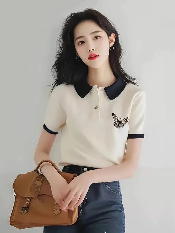 Athvotar Athvotar Butterfly Polo Collar Short-Sleeved T-Shirt Girl 2025 Summer Simple Fashion Does Not Hit The Unique Beauty Of The Top Woman