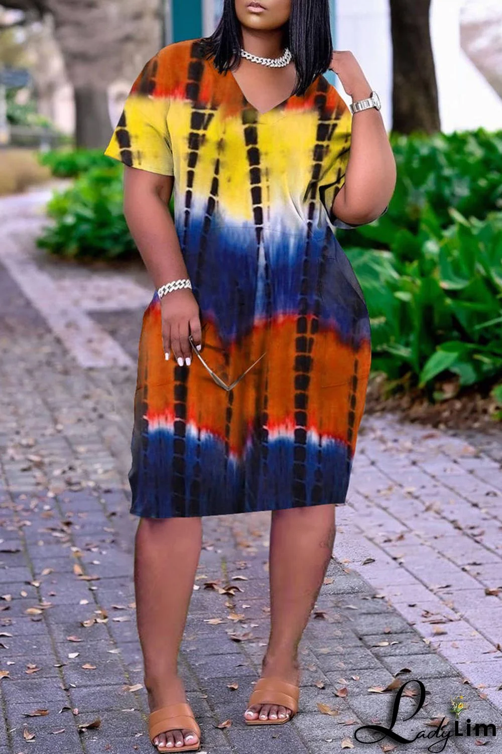 Blue Fashion Casual Print Basic V Neck Short Sleeve Dress