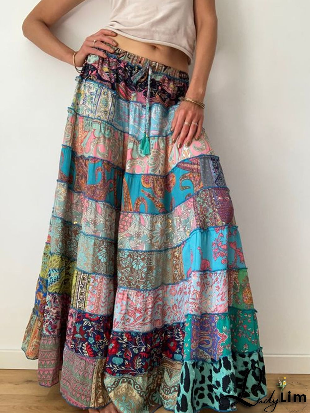 Bohemian Patchwork Elastic Waist Big Swing Maxi Tiered Skirt