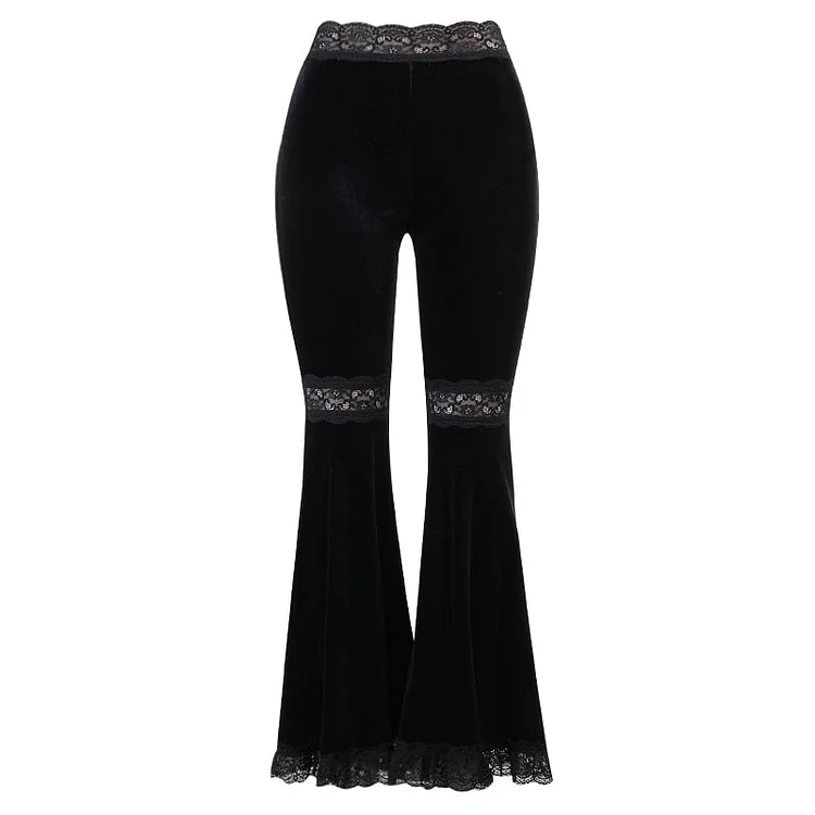 InsDoit Goth Velvet Black Pants Women Mall Goth Lace Hollow Out Trousers Streetwear Spring Harajuku Sexy High Waist Flare Pants