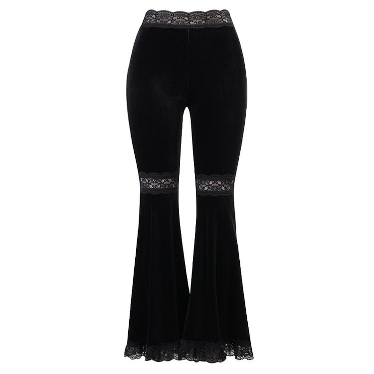 InsDoit Goth Velvet Black Pants Women Mall Goth Lace Hollow Out Trousers Streetwear Spring Harajuku Sexy High Waist Flare Pants