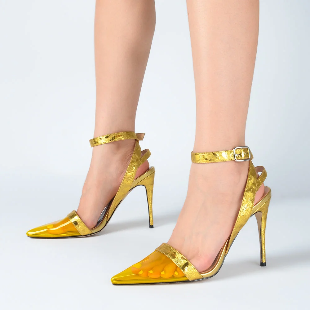 Yellow PVC Pointed Toe Heels Golden Ankle Strap Stilettos