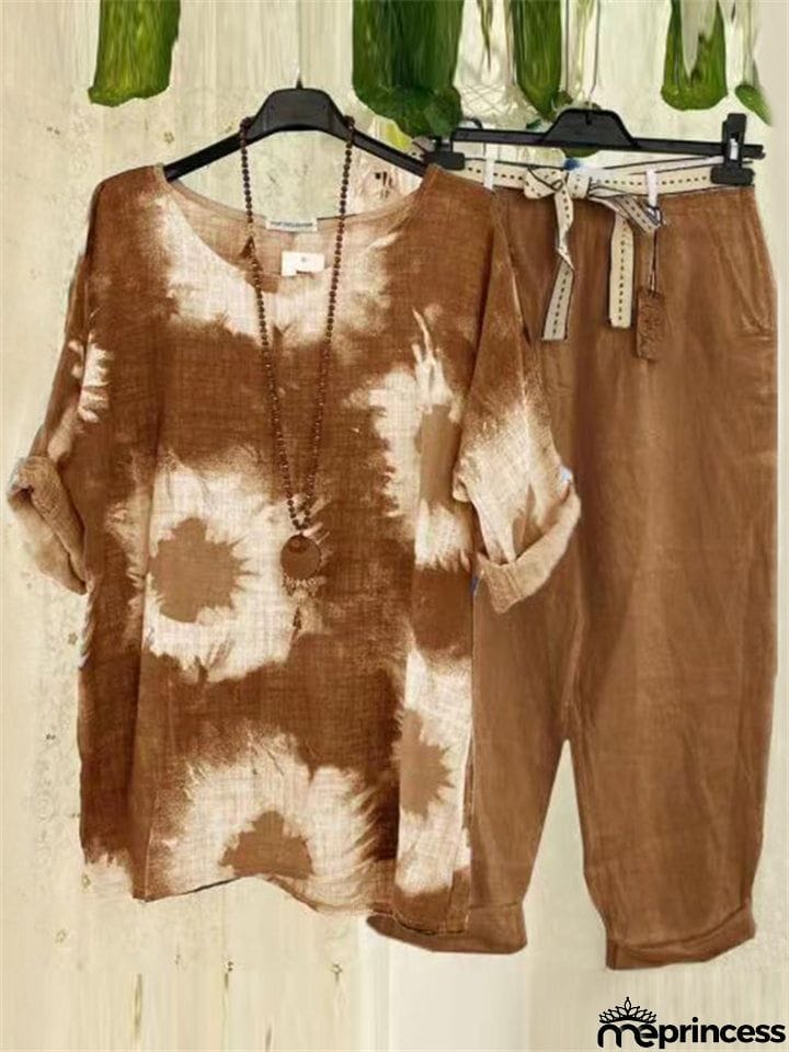 Women's Casual Tie-dye Crew Neck T-shirt + Straight Leg Pants