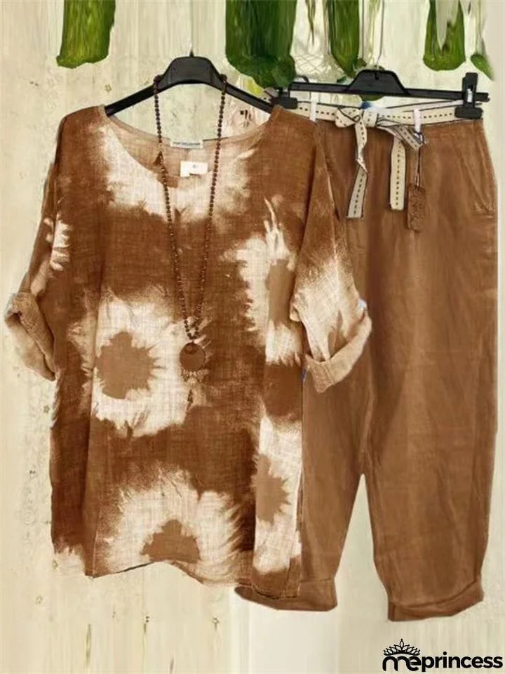 Women's Casual Tie-dye Crew Neck T-shirt + Straight Leg Pants