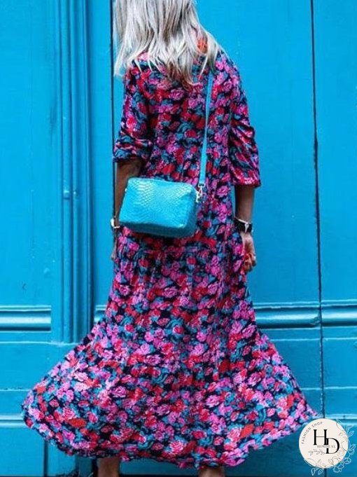 Dresses Vintage Print V-Neck Long Sleeve Dress for Women