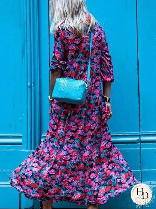 Dresses Vintage Print V-Neck Long Sleeve Dress for Women