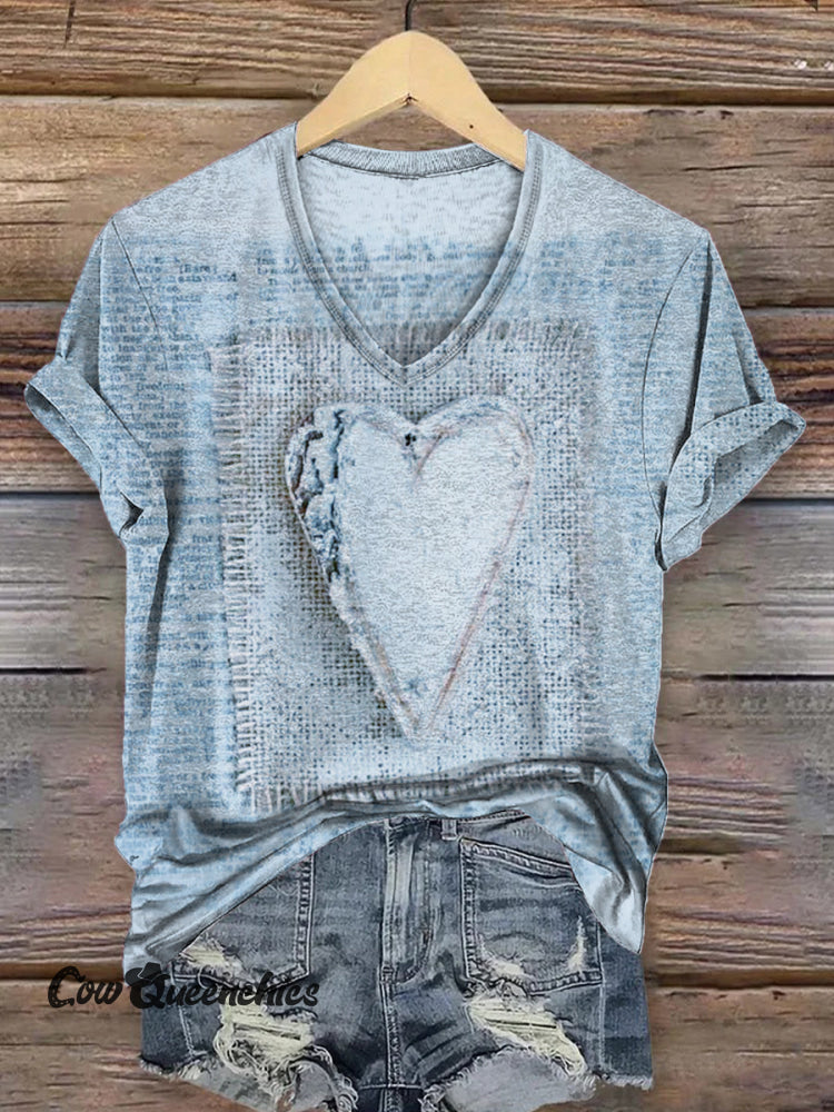 Women&rsquo;s Vintage Heart Art Print V-neck Casual T-Shirt Multicolor / S
