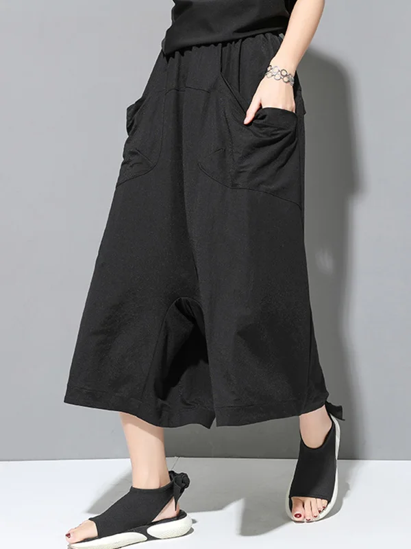 Simple Loose Wide Leg Solid Color Casual Three-Quarter Pants Bottoms