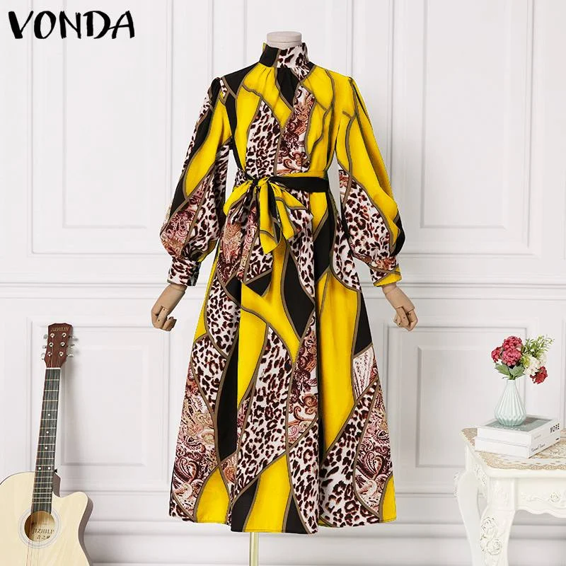 VONDA 2022 Women Pleated Long Maxi Dress Autumn Vintage Floral Printed Vestido Elegant O Neck Party Robes Longue Oversize