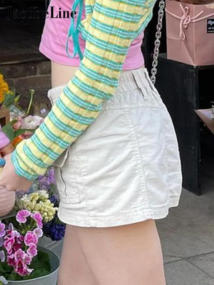 Jacqueline Summer Vintage Kawaii Cargo Skirts Women y2k clothes Prepply Korean Pockets Low Waist Mini Pencil Skirt Grunge 2022