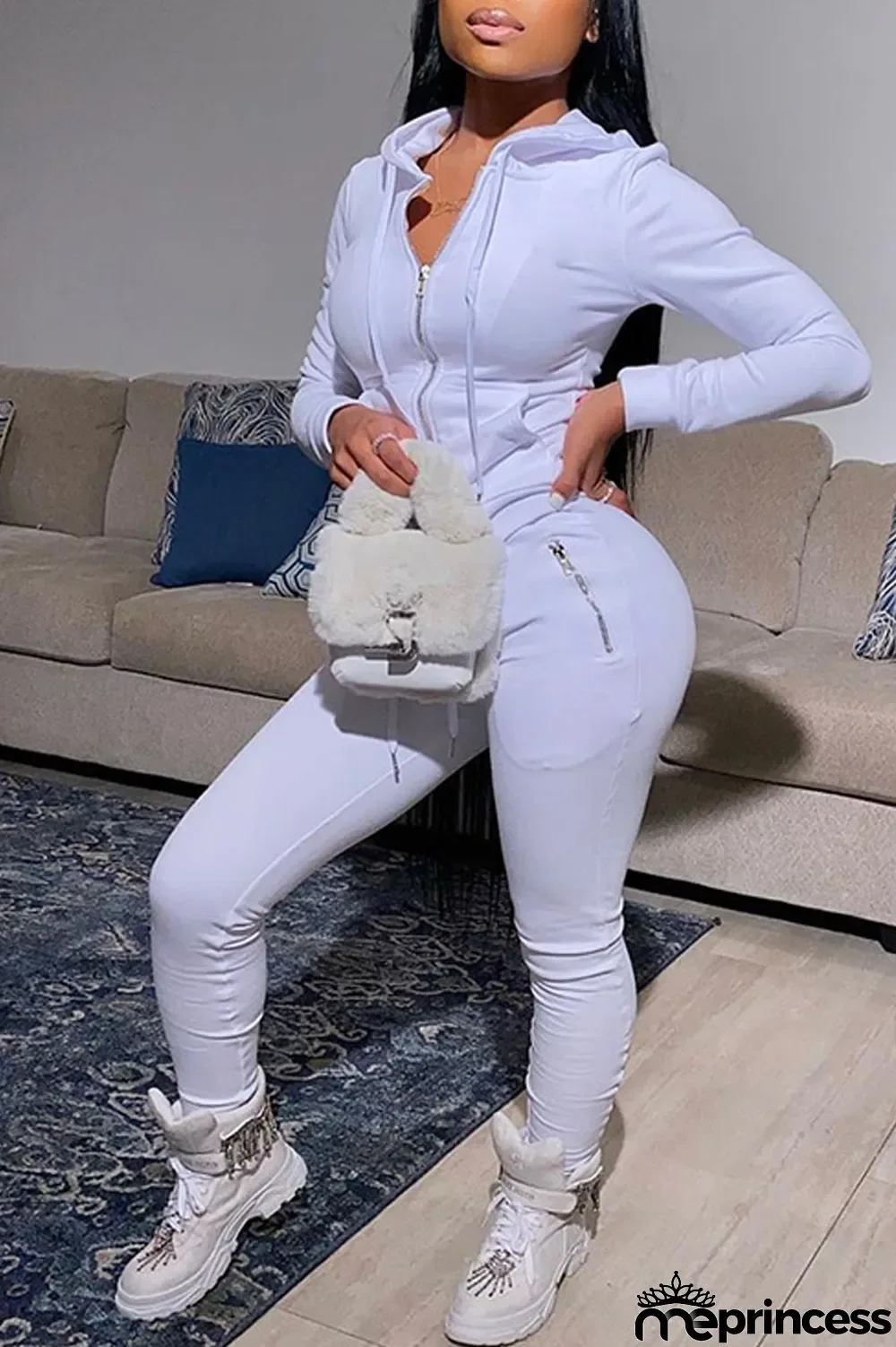 White Casual Solid Split Joint Zipper Hooded Collar Long Sleeve Two Pieces