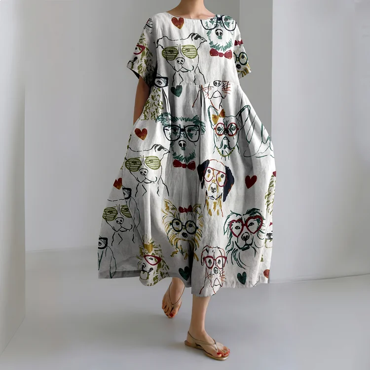 Abstract Dogs In Glasses Print Loose Midi Dress