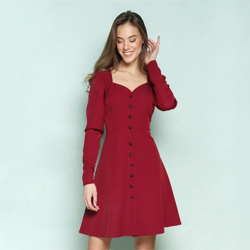 Vintage Button Dress Vestidos Ladies Trendy Solid Puff Sleeve A-line Mini Dress Women Elegant Slim All-match Mini Dress Autumn