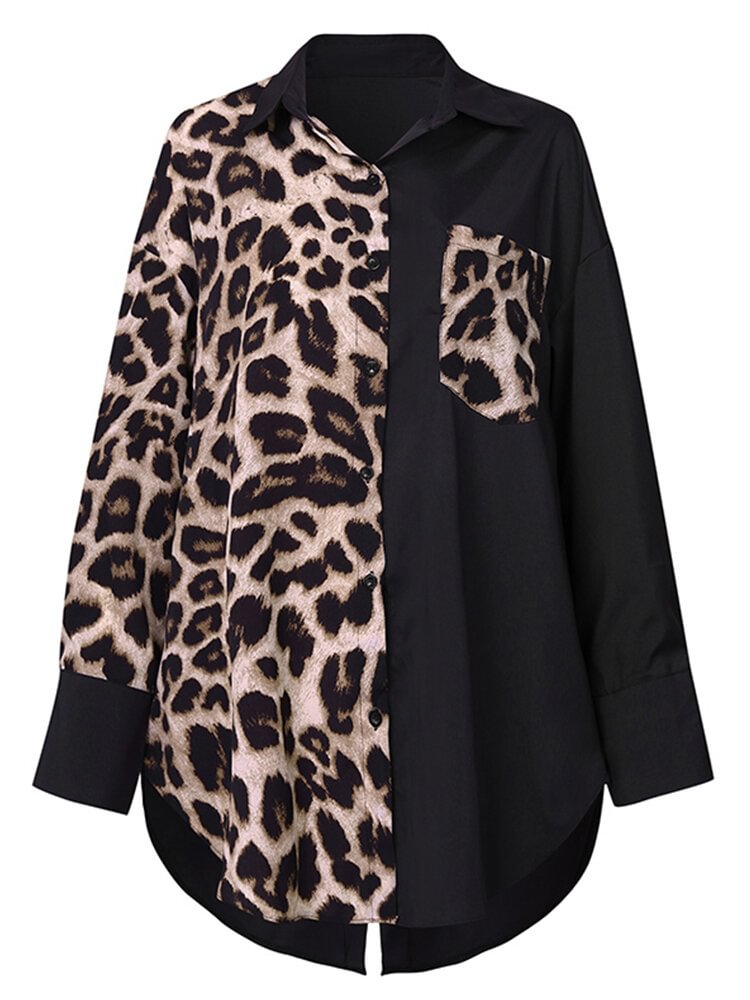 Leopard Printed Long Sleeve Turn-down Collar Patchwork Blouse
