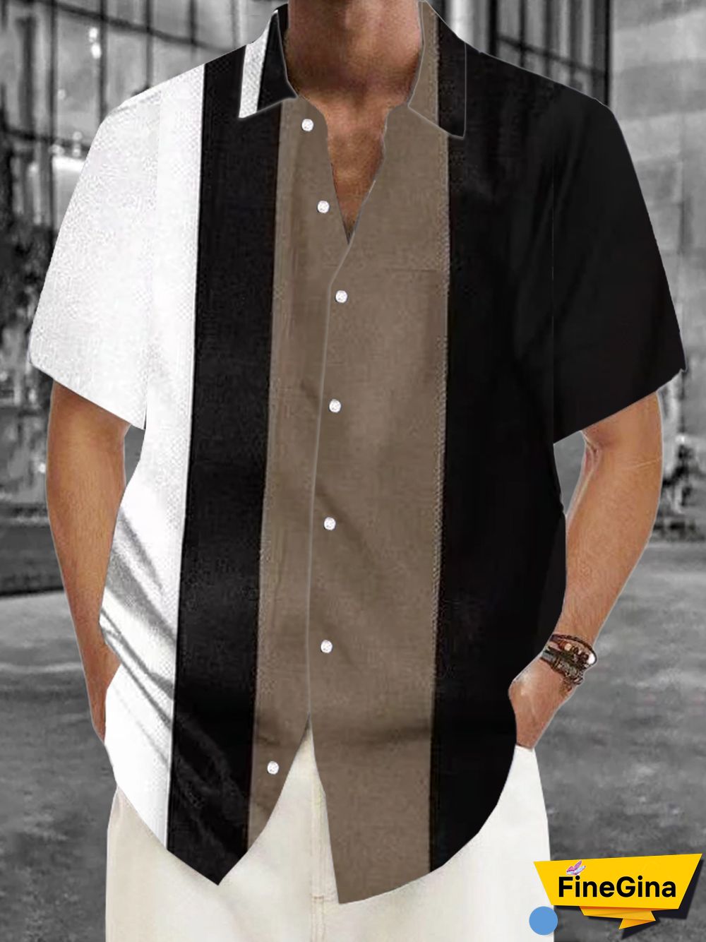 Black White Casual Geometric Patchwork Turndown Collar Tops