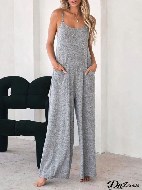 Loose Sleeveless Pockets Solid Color Split-Joint Round-Neck Jumpsuits