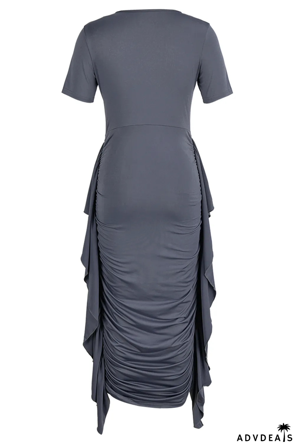 Brown Fashion Solid Flounce Fold O Neck Pencil Skirt Dresses