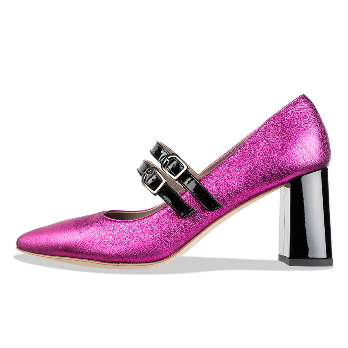 Fuchsia Metallic Leather Pointed Toe Pumps Heels with Two Buckle Strap Nicepairs