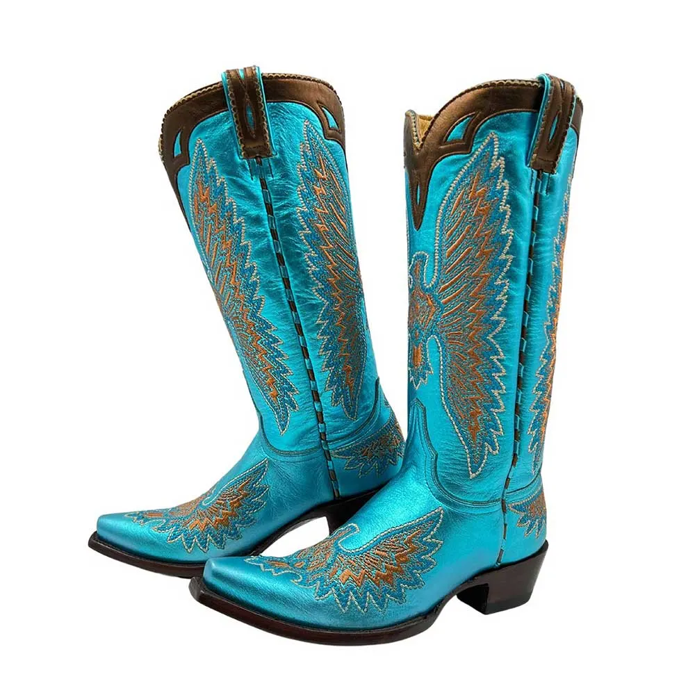 Women's Low Heel Wing Embroidered Metallic Turquoise Cowboy Boots