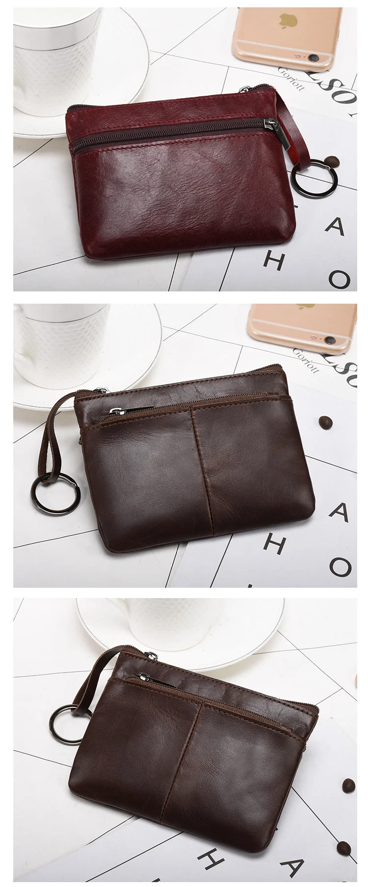 Retro zipper short cowhide small change card holder