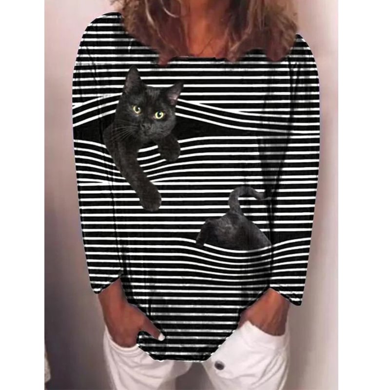 Casual cat print striped T-shirt