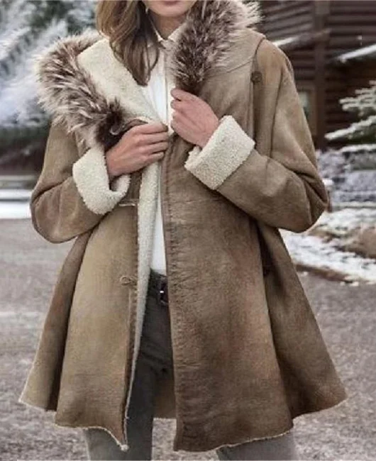 LADYSY Deer Antler Leather Hooded Fur Collar Mid-Length Coat 