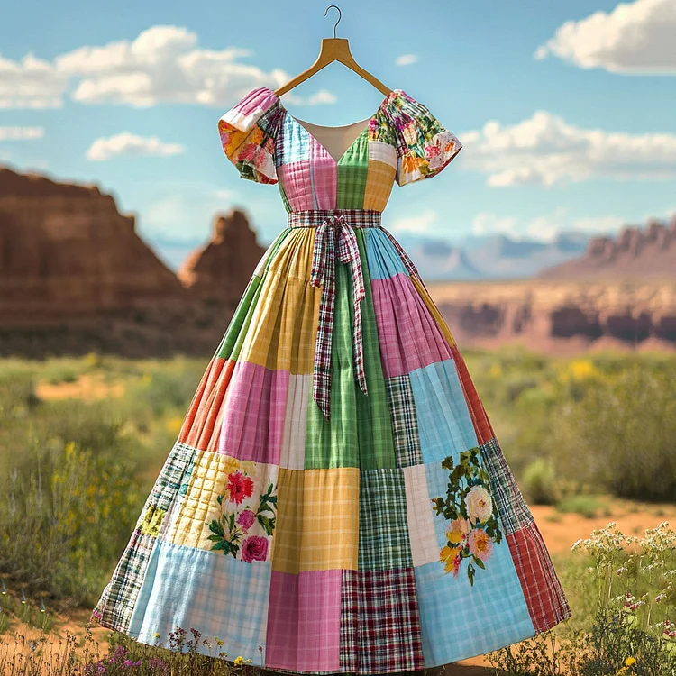Women's Vintage Plaid Floral Patchwork Linen V-neck Short Sleeve Dress