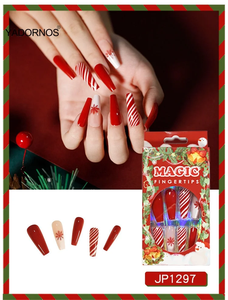 24pcs Christmas Stickers On Nails Patch Glue Type Removable Long coffin Paragraph Fashion Manicure free shipping press on nails-Nail Inspo