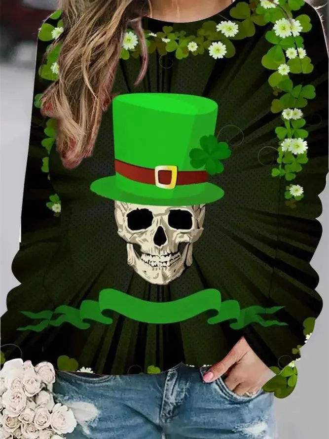 Women's Long Sleeve Scoop Neck Skull Four Leaf Clover Printed Graphic Tops