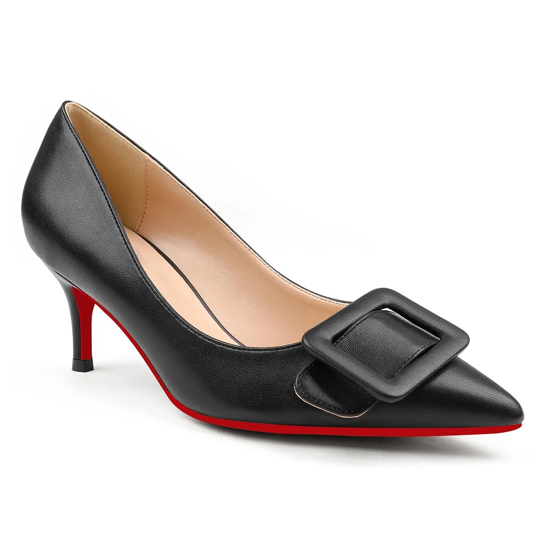 60mm Pointed Toe Square Buckle Decoration Red Bottom Kitten Heels Daily Pumps for Women Matte-MERUMOTE