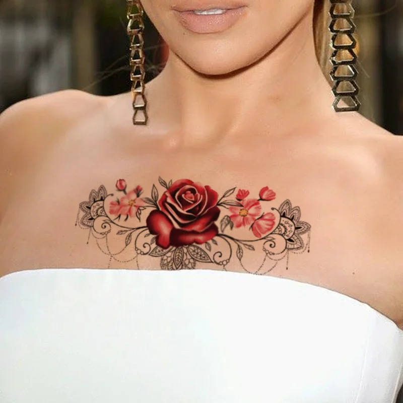 Sdrawing Tattoo Sticker Sexy Rose Sanskrit Flowers Totem Pearl Necklace Fake Tattoos Waterproof Tatoos Arm Large Size for Women
