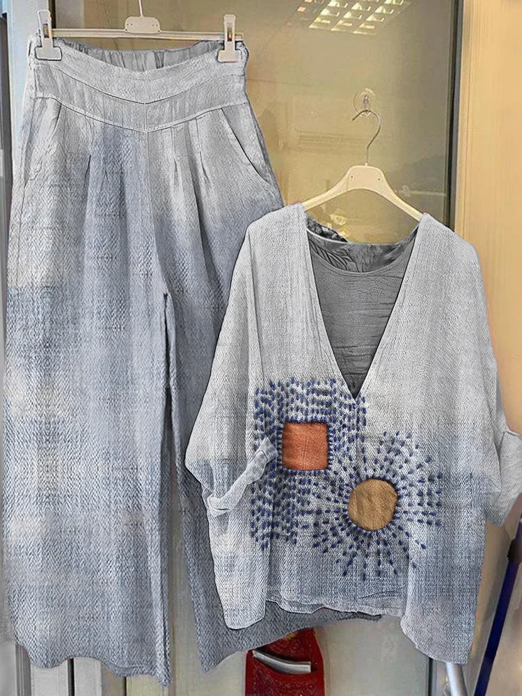 Women's Vintage Patchwork Art Printed V-Neck Top Wide-Leg Pants Cotton Linen Suit